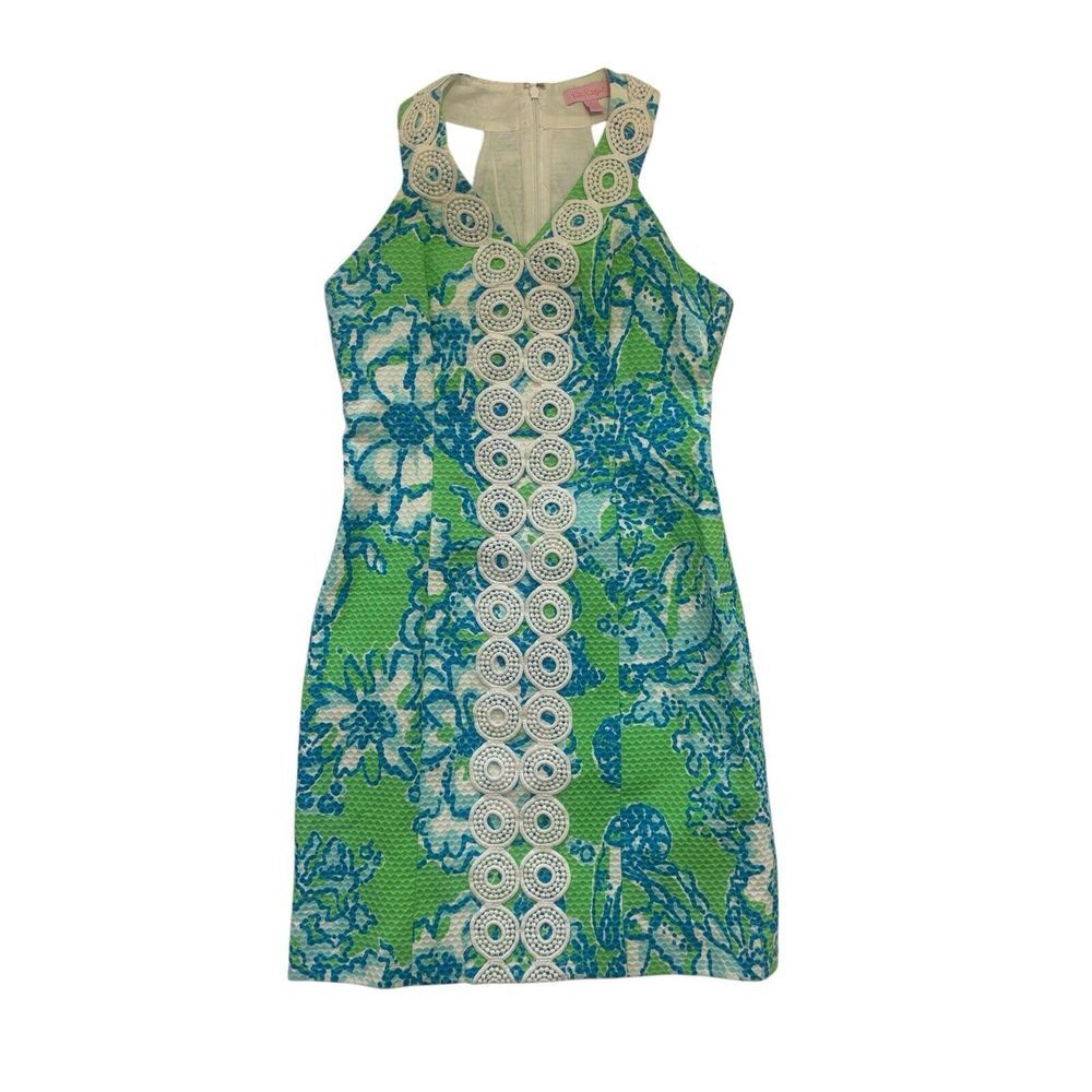 Lilly Pulitzer MacFarlane Shorely Blue‎ Green Lace Detail Shift Dress Size 4